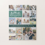Familjen Namn Monogram | 15 Fotokollage Pussel<br><div class="desc">Anpassa det här unika pusslet med 15 kvadratiska foton ordnade i en rutnätslayout, med inledande monogram, namn och underbara citattecken. Behålla offerten som den är eller ändra anpassningsbarnas rubrik. All färg kan ändras, inklusive den "gröna" banderoll som visar din familj namn och monogram. Visning dina familjefotografier eller många generation av...</div>