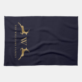Familjen Namn Monogram Guld Hjort Midnight Navy Kökshandduk