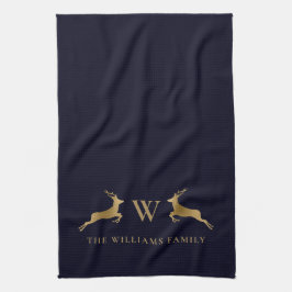 Familjen Namn Monogram Guld Hjort Midnight Navy Kökshandduk
