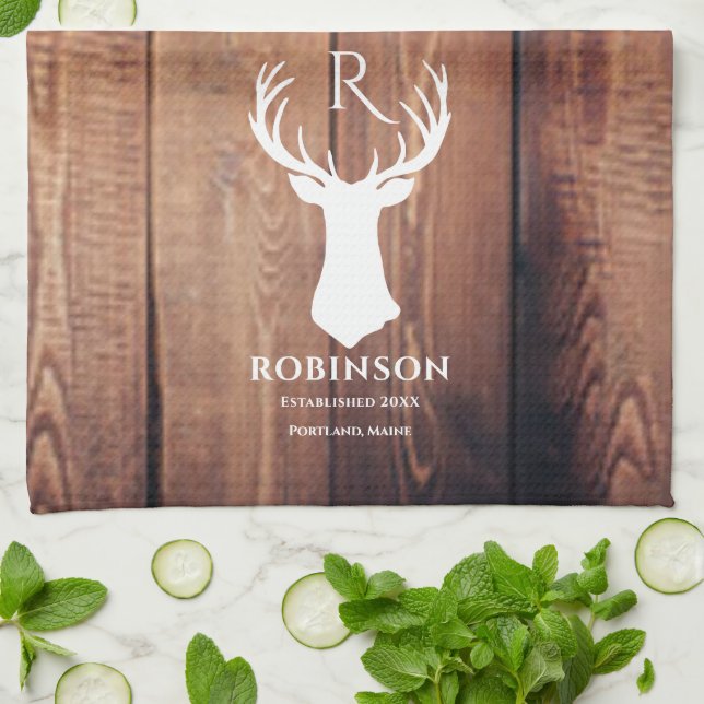 Familjen Namn Monogram Sjö Rustic Hjort Antler Woo Kökshandduk (Vikta)