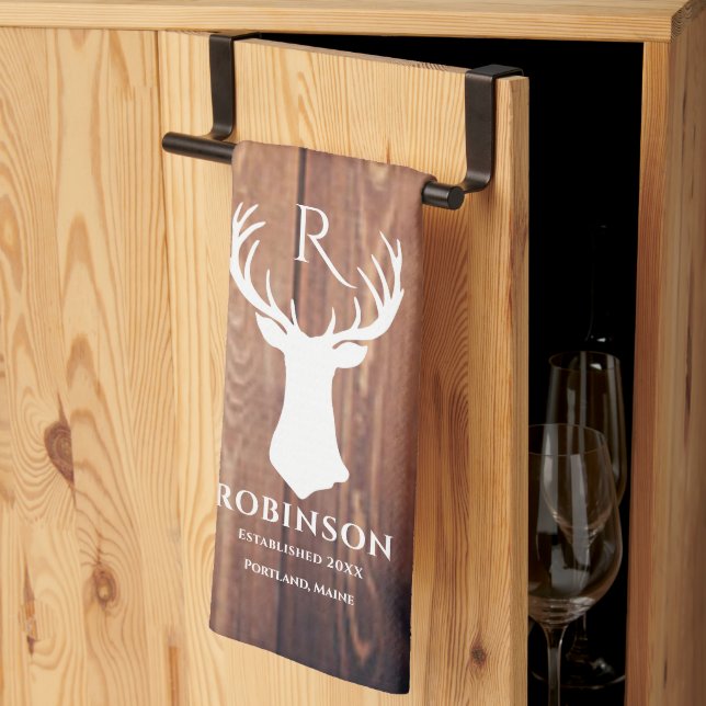 Familjen Namn Monogram Sjö Rustic Hjort Antler Woo Kökshandduk (Thirds Fold)