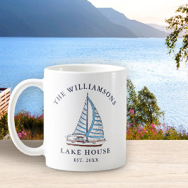 Familjen Namn Nautical Blue Sails Boat Sjö House Kaffemugg