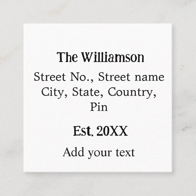 Familjen namn returadress, lägg till namn, datum å fyrkantigt visitkort (Framsida)