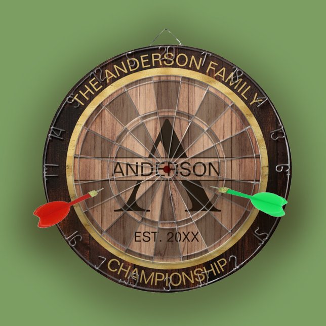Familjen Namn Rustic Farmhouse Wood Monogrammed Gu Darttavla (Family Name Rustic Farmhouse Wood Monogrammed Gold Dart Board)