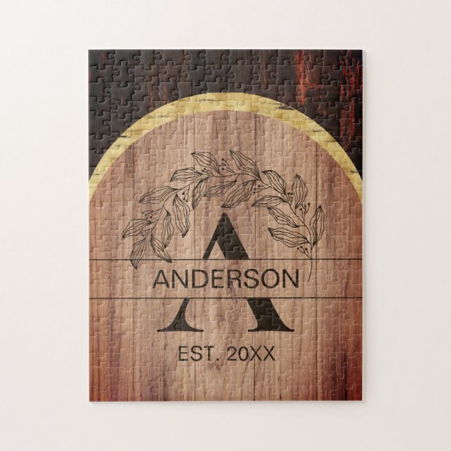 Familjen Namn Rustic Farmhouse Wood Monogrammed Gu Pussel (Vertikal)