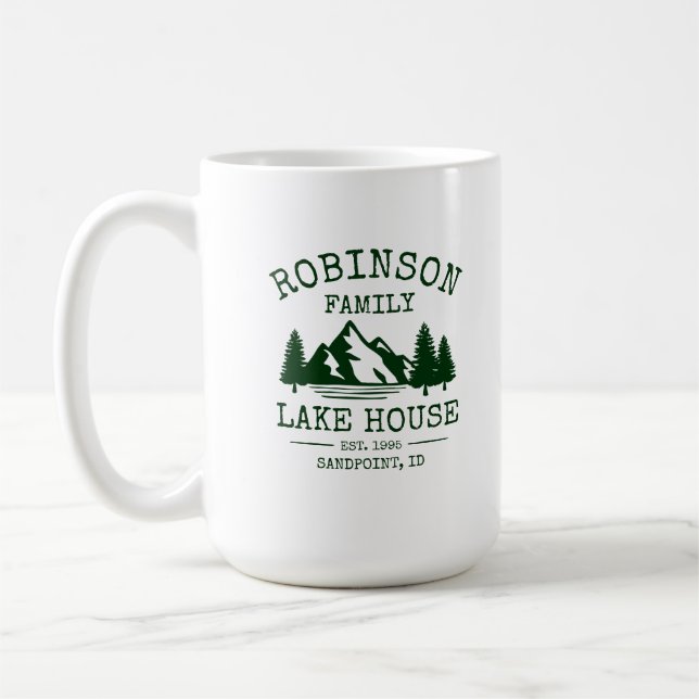 Familjen Namn Sjö House Forest Grönt Träd Large Kaffemugg (Vänster)
