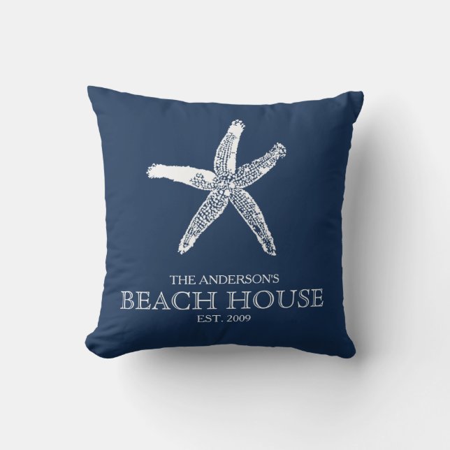 Familjen Namn Starfish Navy Blue Beach House Kudde (Framsida)