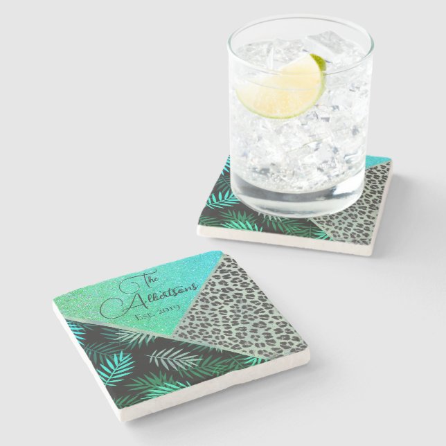 Familjen Namn Tropical Fern Leopard Glitter Stenunderlägg (Sidan)