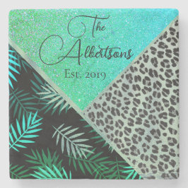 Familjen Namn Tropical Fern Leopard Glitter Stenunderlägg