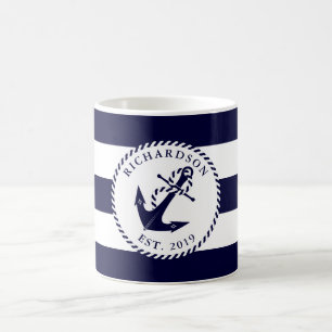 Familjen Nautical Anchor Navy Blue and White Rand Kaffemugg
