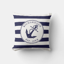 Familjen Nautical Anchor Navy Blue and White Rand Kudde