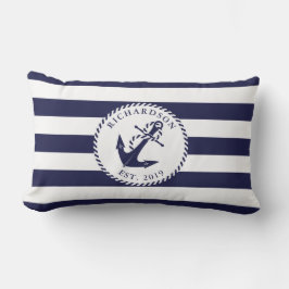 Familjen Nautical Anchor Navy Blue and White Rand Lumbarkudde