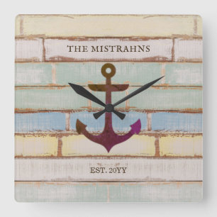 Familjen Nautical Anchor Rustic Wood Boat Namn Fyrkantig Klocka