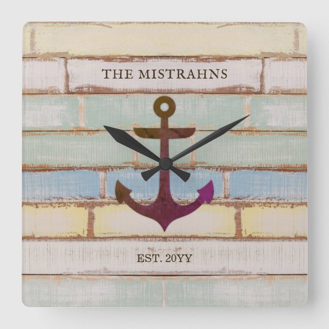 Familjen Nautical Anchor Rustic Wood Boat Namn Fyrkantig Klocka (Framsida)