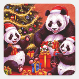 Familjen Pandas Open Julklapp Fyrkantigt Klistermärke