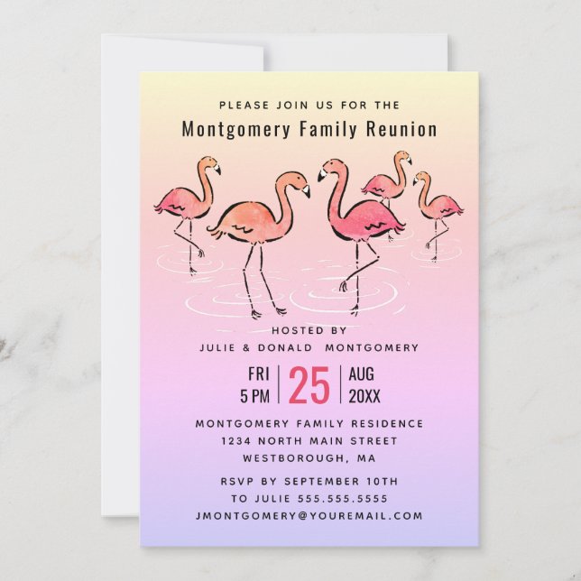 -Familjen Reunion Tropical Watercolor Flamingo Inbjudningar (Framsida)