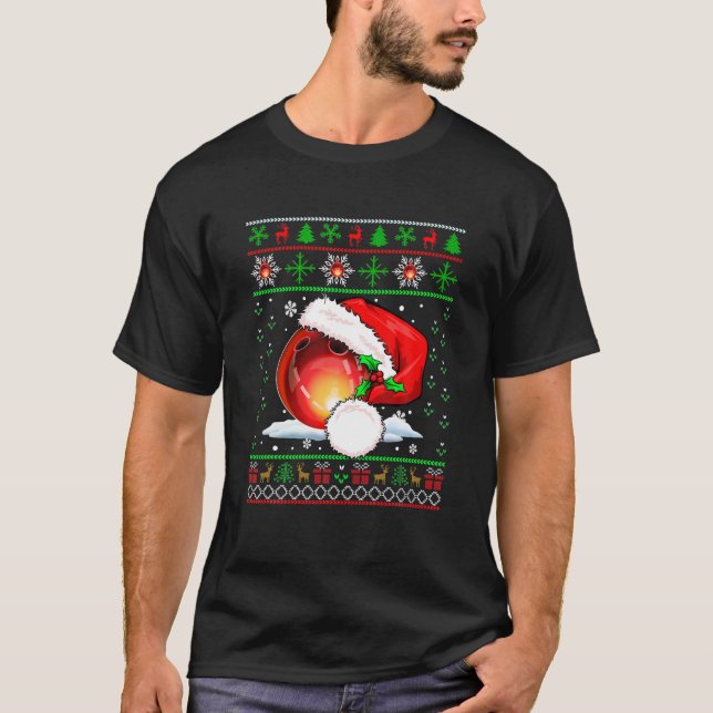 Familjen Santa Bowling Ball jul Costume Player T Shirt (Framsida)