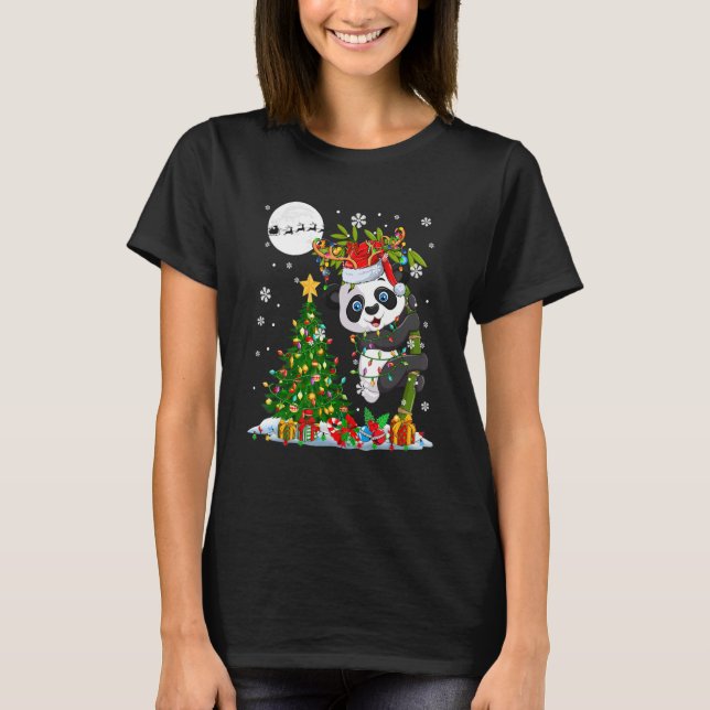 Familjen Santa Reindeer Panda Julgran Ljus T Shirt (Framsida)