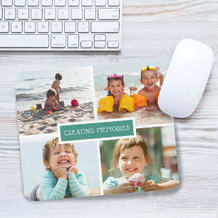Familjen skapar minnesbilder fotokollage teal musmatta