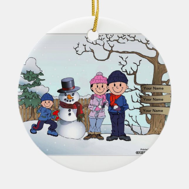 Familjen snögubbe - 1 pojke julgransprydnad keramik (Framsidan)