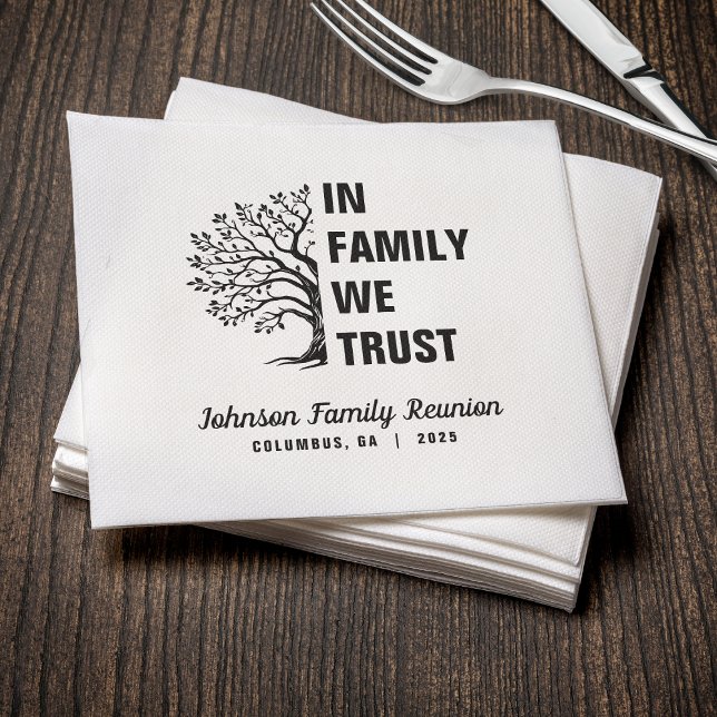 Familjen Träd i familjen Vi litar på återföreninge Pappersservett (In Family We Trust Family Reunion Napkin)