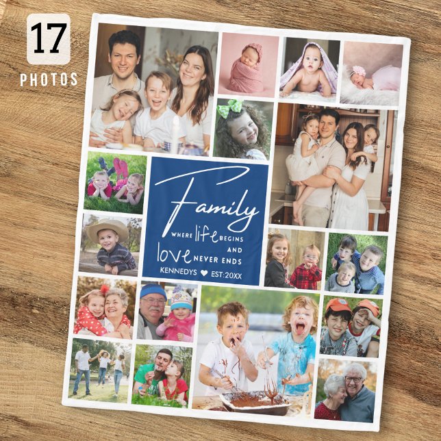 Familjenamn Citat 17 Fotocollage Blå och Vit Fleecefilt (Skapare uppladdad)