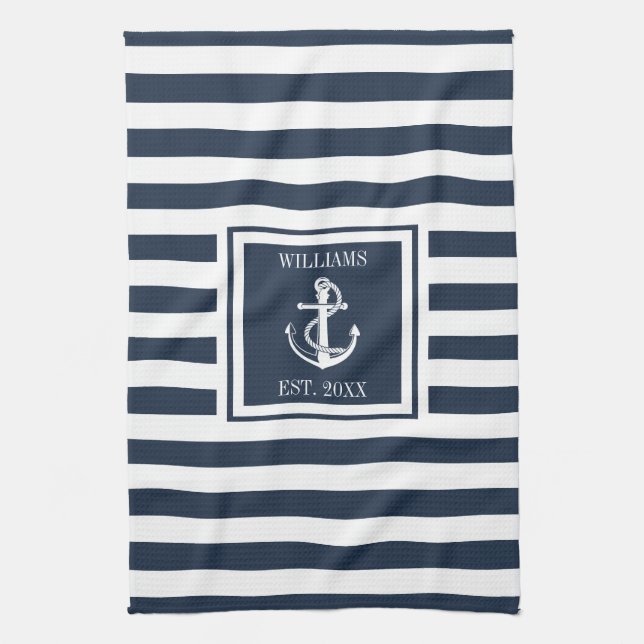 Familjenamn Navy Blue Stripe Marin Ankar Båt Kökshandduk (Vertikal)