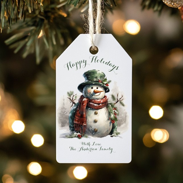 Familjenamn Vintage Snöman Julkort Presentetikett (Personalized Christmas gift tag)