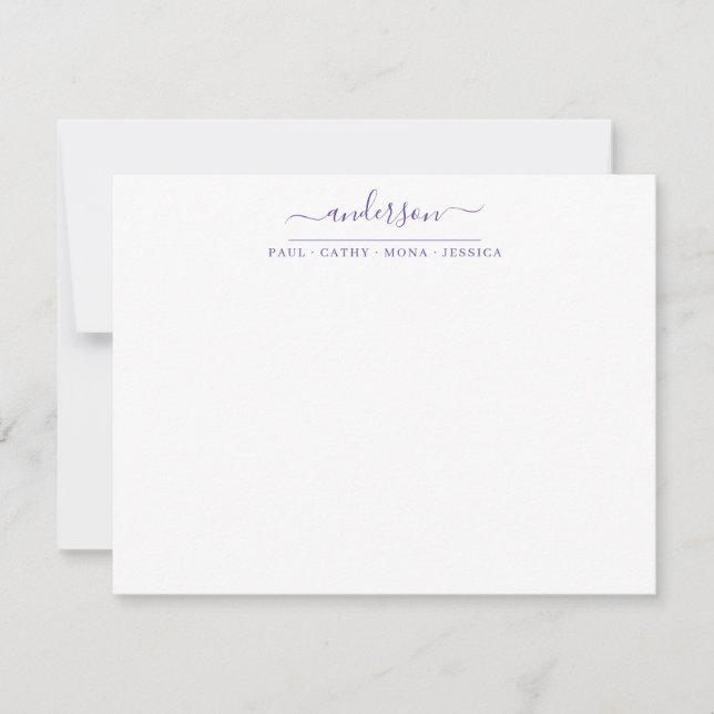Familjens efternamn Lila Violet Script Calligraphy Anteckningskort (Framsida)