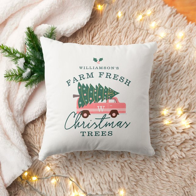 Familjens Farm Fresh Julgranar Rosa Retro Van Kudde (Family's Farm Fresh Christmas Trees Pink Retro Van Throw Pillow)