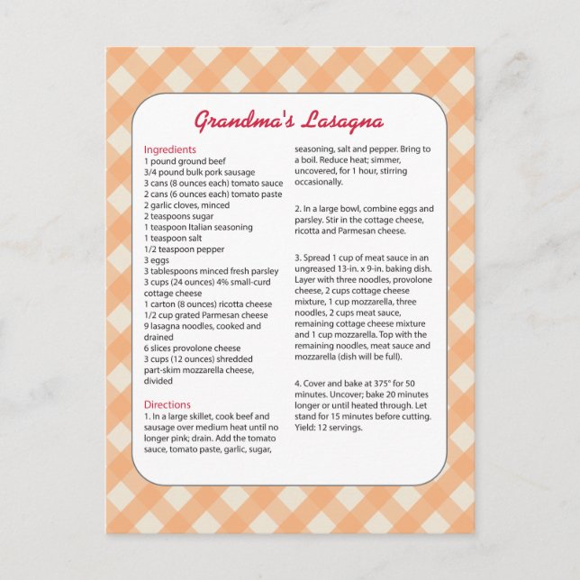 Familjens Favoritrecept Retro - Lasagne Vykort (Framsida)