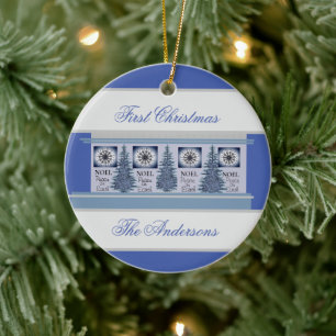 Familjens första jul i blues-personlig julgransprydnad keramik