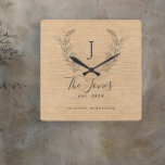 Familjens monogrammade elegant för lantbruk fyrkantig klocka<br><div class="desc">Anpassningsbar monogram och namn med familjeterminal som etablerats år och ställe elegant chic beige burlap wall klocka för beige-beige.        En modern keepégåva till bröllop,  årsdagar,  uppvärmning i hemmet,  Thanksgiving,  helgdagar vid jul.</div>