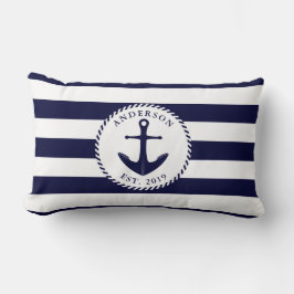 Familjens Namn Anchor Nautical Navy Blue and White Lumbarkudde