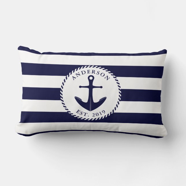 Familjens Namn Anchor Nautical Navy Blue and White Lumbarkudde (Framsida)