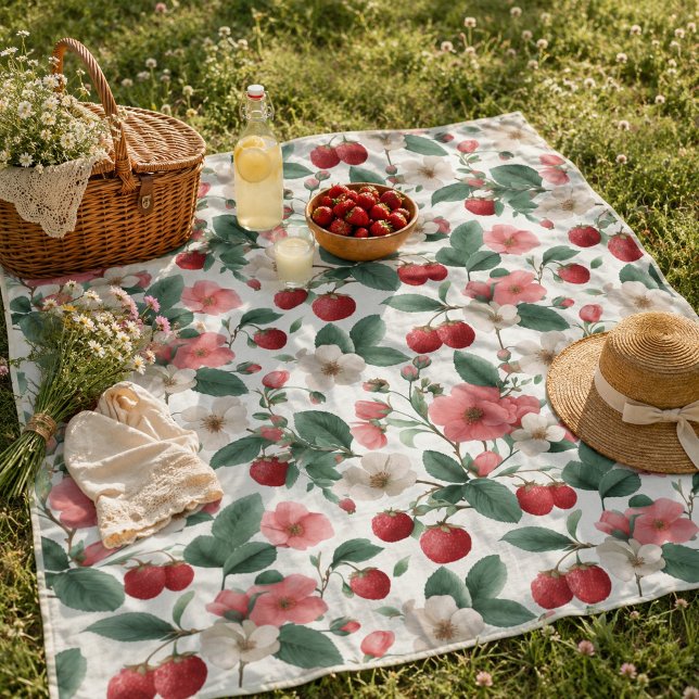 Familjens sommarpicknick jordgubbsblomma fleecefilt (Picnic Blanket)