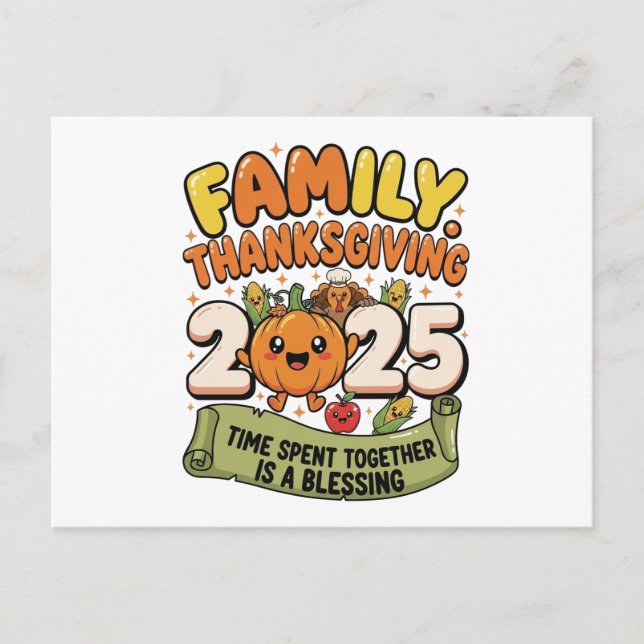 Familjens tackgivelsedags-kort 2025 – Söta Tecknad Vykort (Framsida)