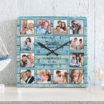 Familjeoffert Fotokollage Rustic Blue Wood Fyrkantig Klocka<br><div class="desc">Skapa enkelt din egen personlig blå,  roliga drivträplåt från sjö hus stil med väggklocka med dina anpassningsbar. Utformningen har också ett vackert handskrivet manuscitat: "Tillsammans har vi allt". För bästa resultat ska skörd gå till kvadrat - med skärningspunkten i mitten - före uppladdning.</div>