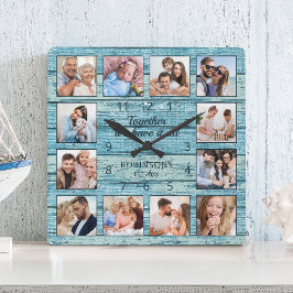 Familjeoffert Fotokollage Rustic Blue Wood Fyrkantig Klocka