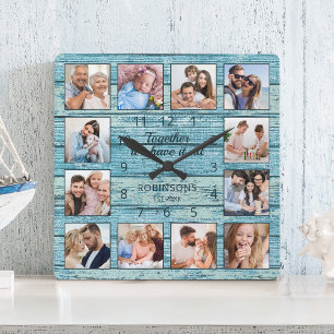 Familjeoffert Fotokollage Rustic Blue Wood Fyrkantig Klocka
