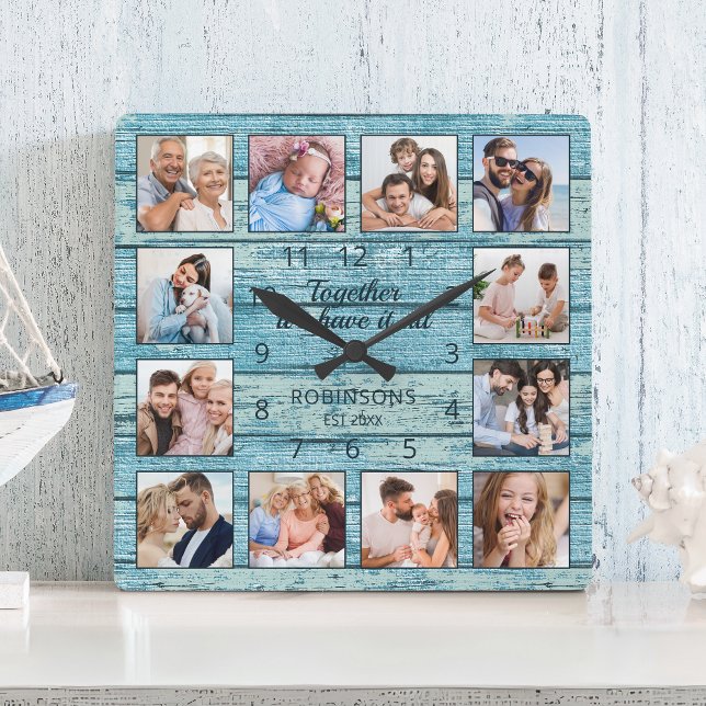 Familjeoffert Fotokollage Rustic Blue Wood Fyrkantig Klocka (Skapare uppladdad)