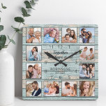 Familjeoffert Fotokollage Rustic Blue Wood Fyrkantig Klocka<br><div class="desc">Skapa enkelt din egen personlig blå,  roliga drivträplåt från sjö hus stil med väggklocka med dina anpassningsbar. Utformningen har också ett vackert handskrivet manuscitat: "Tillsammans har vi allt". För bästa resultat ska skörd gå till kvadrat - med skärningspunkten i mitten - före uppladdning.</div>