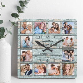 Familjeoffert Fotokollage Rustic Blue Wood Fyrkantig Klocka