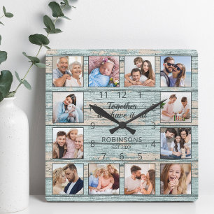 Familjeoffert Fotokollage Rustic Blue Wood Fyrkantig Klocka
