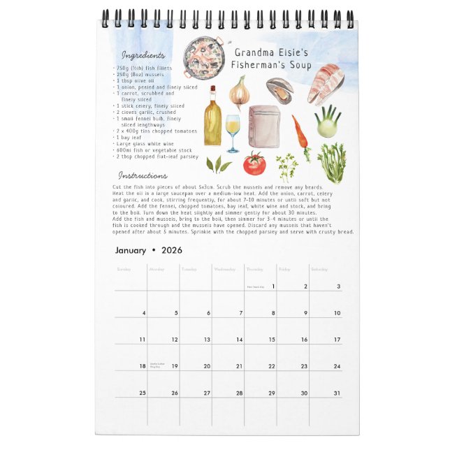 Familjerecept Heirloom Keepsaké | Vattenfärg Kalender (Jan 2026)
