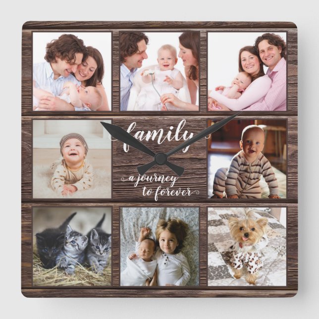 Familjeresa till Forever Photo Collage Rustic Fyrkantig Klocka (Framsida)