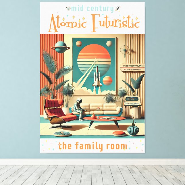 Familjerum för atomFuturistiska Florida Space Age Canvastryck (Insitu (trägolv))