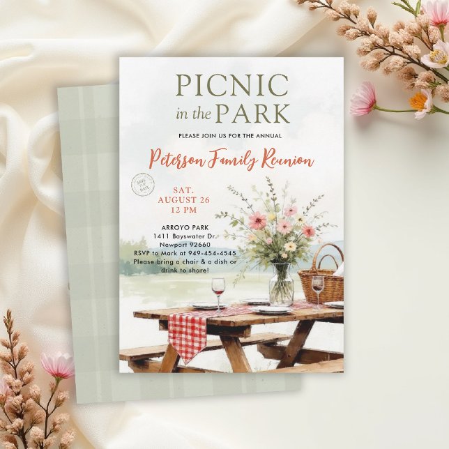 Familjesammankomst Park Picknick Utomhus Vilda blo Inbjudningar (family reunion invitation card summer picnic park potluck outdoor gathering elegant card template)