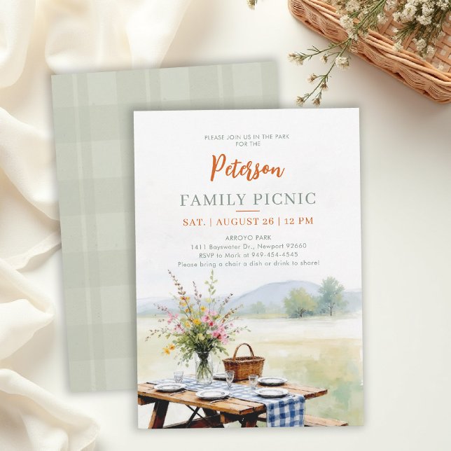 Familjesammankomst Sommar Picknick Elegant Akvarel Inbjudningar (family reunion invitation summer picnic park potluck gathering elegant watercolor art card template)