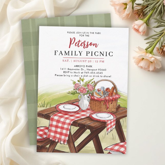 Familjesammankomst Sommar Picknick Vattenfärg Bläc Inbjudningar (family reunion invitation summer picnic potluck gathering annual watercolor red gingham template)